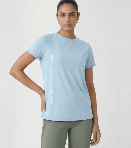 Enamor Short Sleeve Crew Neck Regular Length Basic Dry Fit Workout Crew T-Shirt for Women - Relaxed Fit, Quick Dry, Antimicrobial - A309 (Winter Sky Active Reflective Graphic)