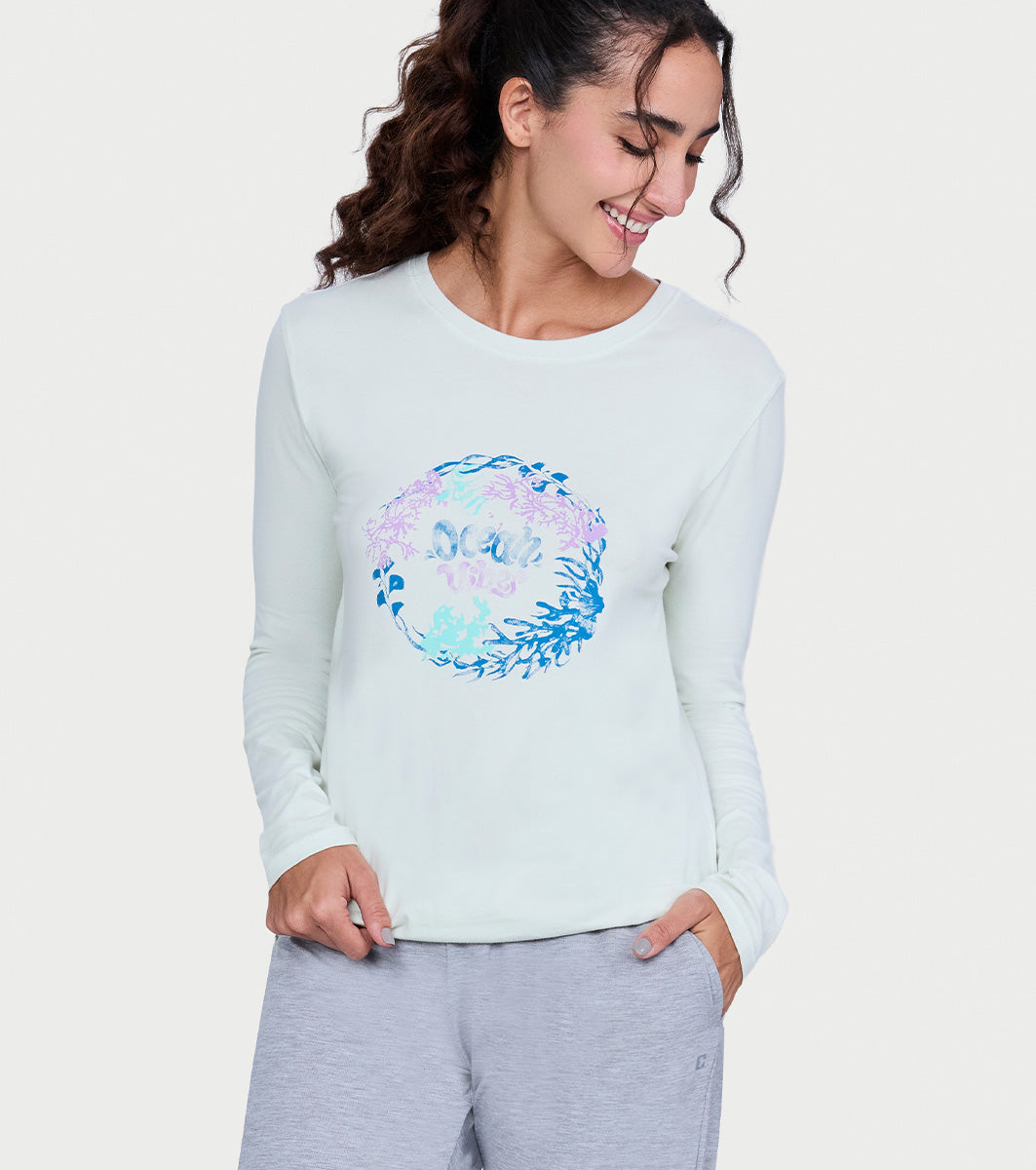 Enamor Full Sleeve Crew Neck Regular Length Pull On Basic Crew T-Shirt For Women - Typographic Print, Soft and Breathable Stretch Cotton - E157 (Fairest Jade Ocean Vibes Graphic)