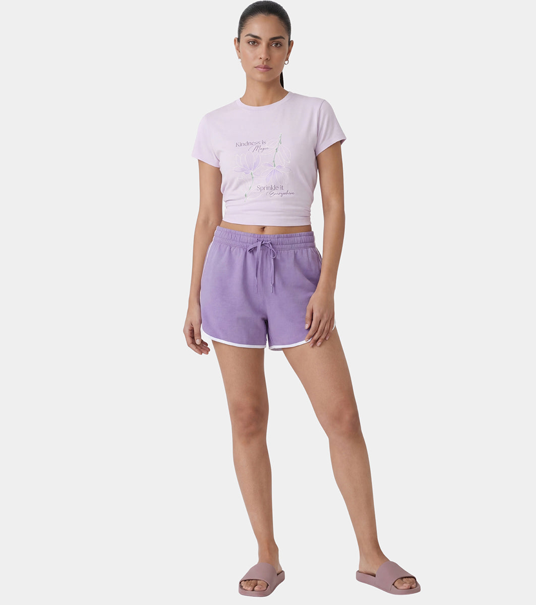 Enamor Mid Rise Mid Thigh Length Elastic with Drawstring Boxer Shorts For Women - Relaxed Fit, Soft and French Terry Cotton - E702 (Purple Haze)