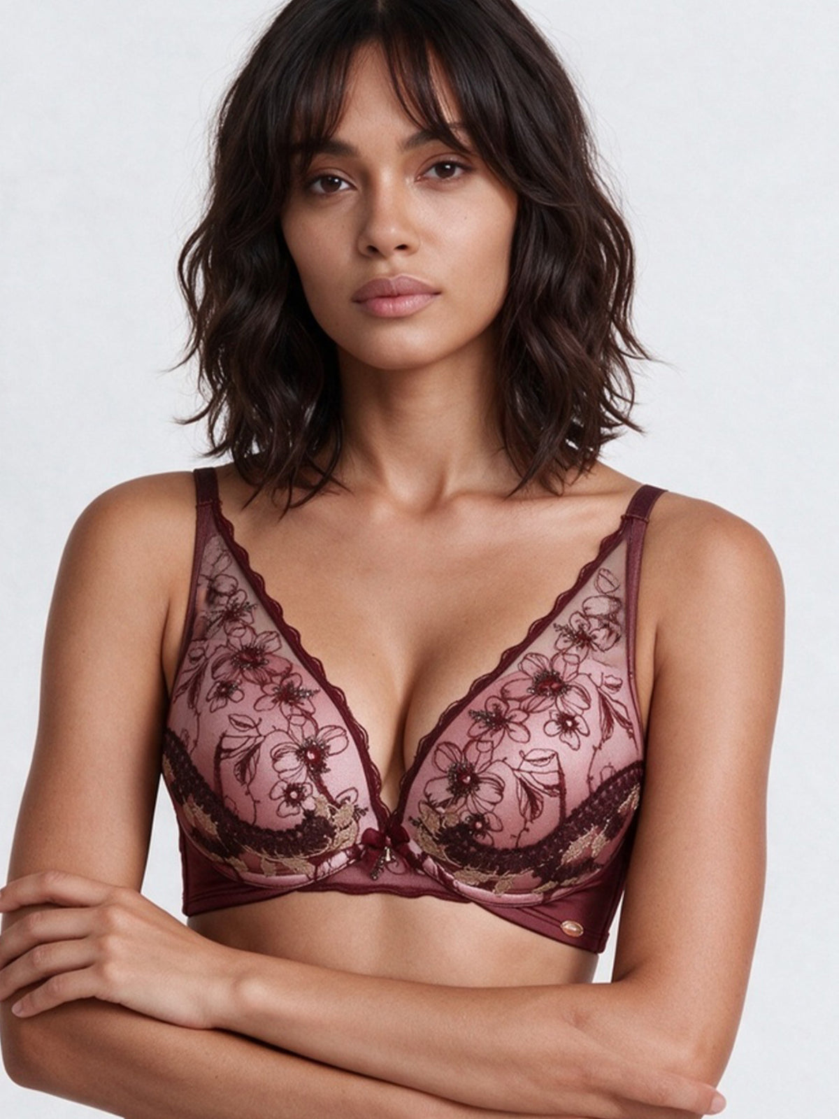 Enamor Ornate Lace Plunge Bra – F163, Level-1 Push-Up, Underwire Support, Feminine Plunge Neckline  (Fig Velvet)