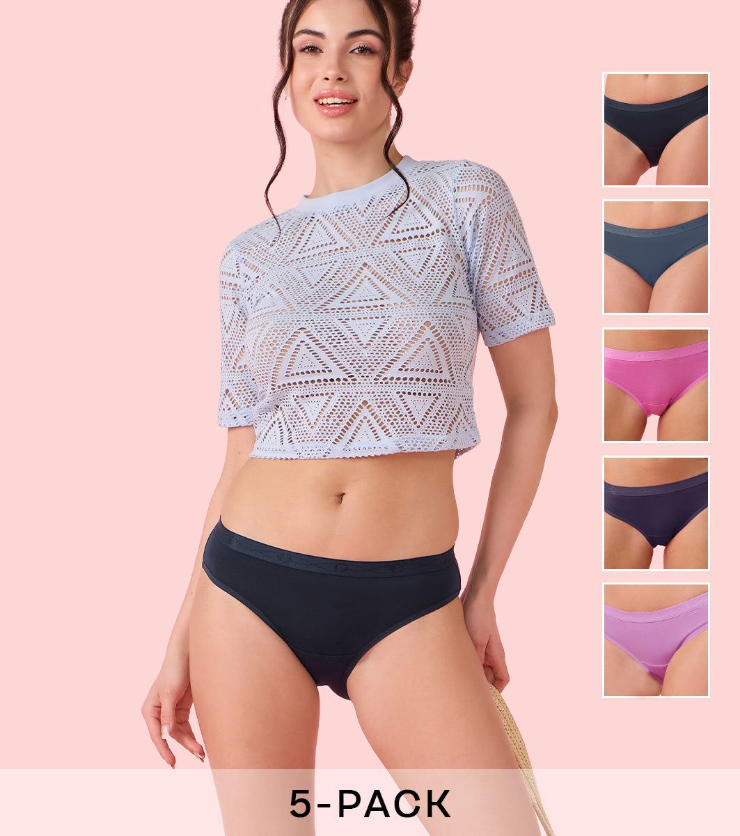 Enamor Chic Cotton, Naturally Breathable Cotton, All Day Comfort, Low Waist Brief Panty for Women -  Antimicrobial with Stain Release, Soft Outer jacquard Elastic, Regular Coverage - CB07 Pack of 5 (Multicolorsolid)