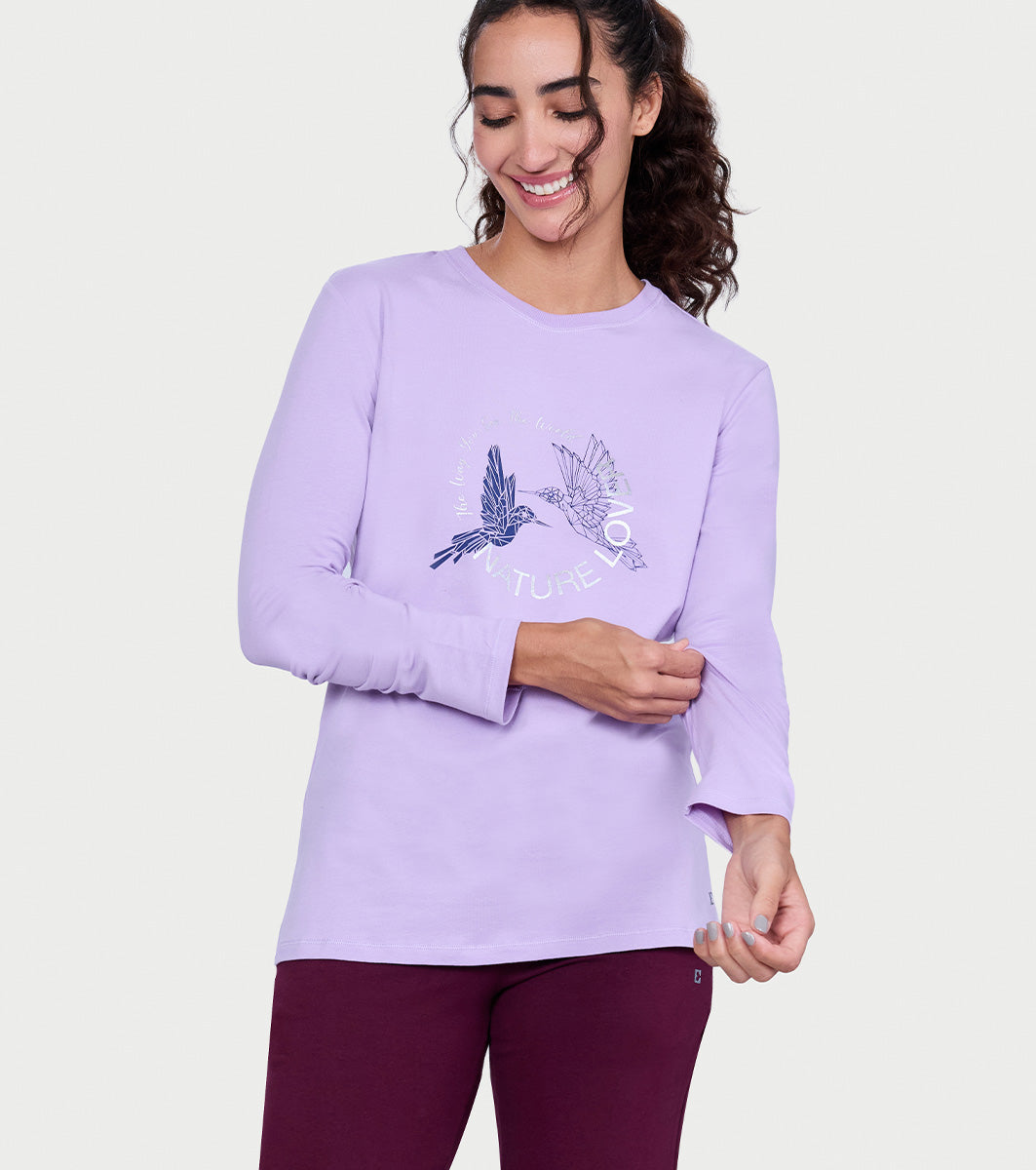Enamor Full Sleeve Crew Neck Regular Length Pull On Basic Crew T-Shirt For Women - Typographic Print, Soft and Breathable Stretch Cotton - E157 (Lavendula Nature Lover Graphic)