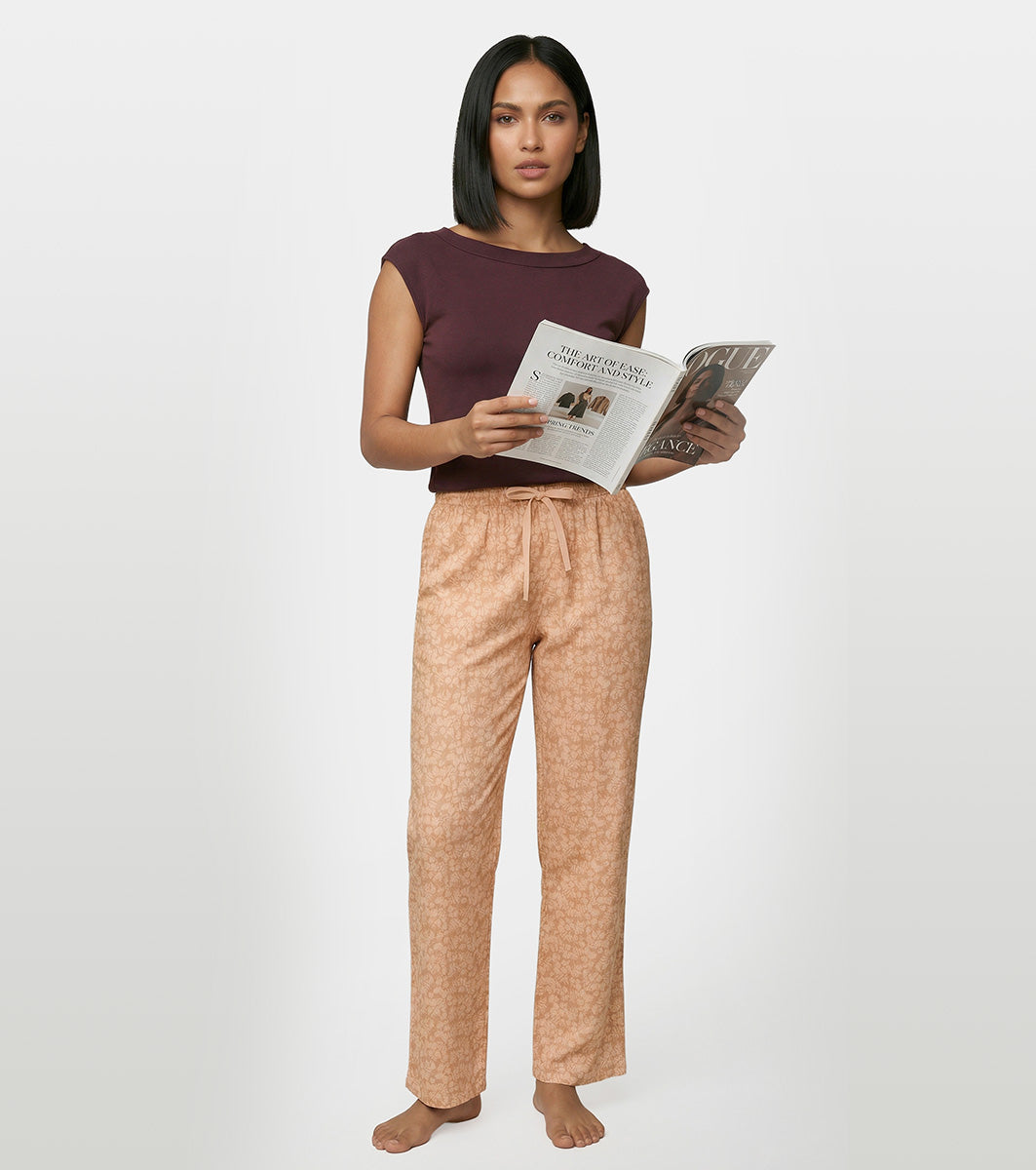 Enamor Mid Rise Full Length Adjustable drawstring Hangout Pant For Women - Relaxed Fit, Combed Cotton - E4A5 (Strip Floral Print)