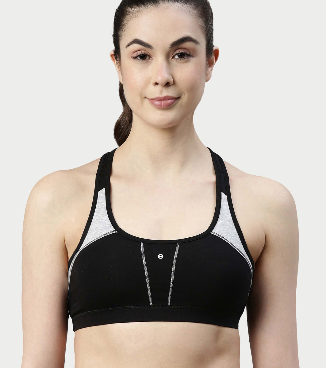 Enamor Medium Impact, Side Panel Shaping, Racer Back Women's Cotton Sports Bra - Padding with Removable Cups, Wirefree, High Coverage - SB08 (Black)