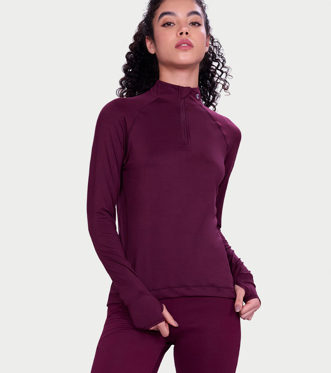 Enamor Full Sleeve High Neck Medium Length Pull on Dry Fit T-Shirt For Women - Slim Fit - A310 (Cherry Maroon)