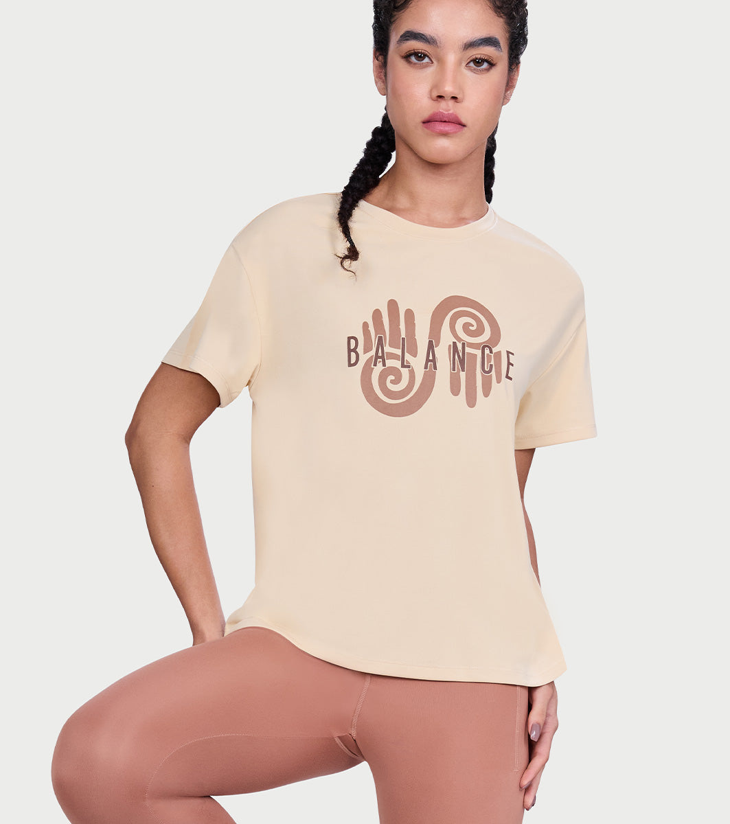 Enamor Active Graphic Tee –  breathable, sweat-wicking all-day comfort - A321 (Ivory Cream Balance Graphic)