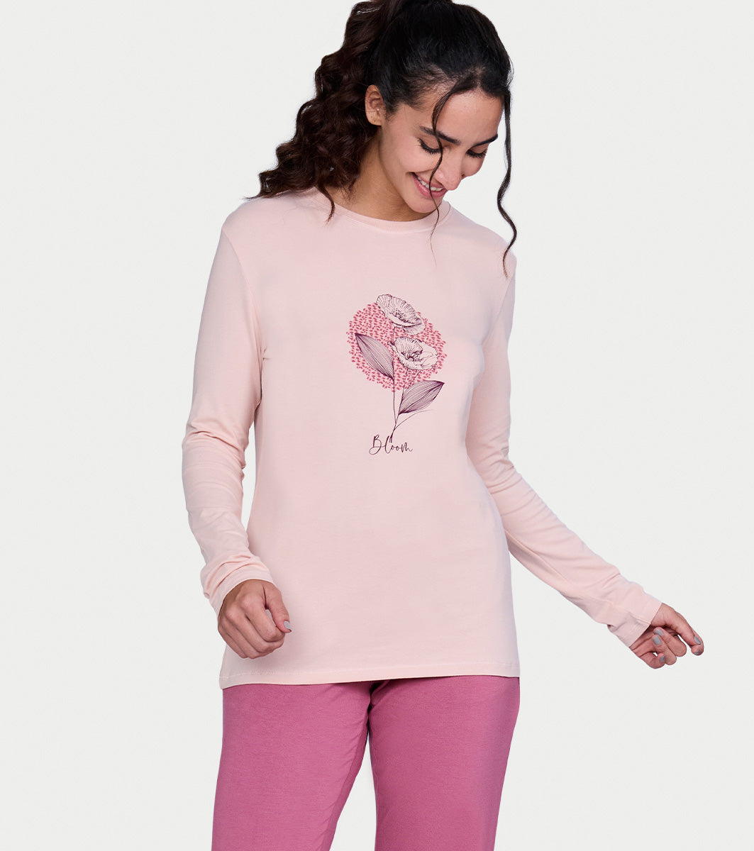 Enamor Full Sleeve Crew Neck Regular Length Pull On Basic Crew T-Shirt For Women - Typographic Print, Soft and Breathable Stretch Cotton - E157 (Rose Smoke Bloom Graphic)