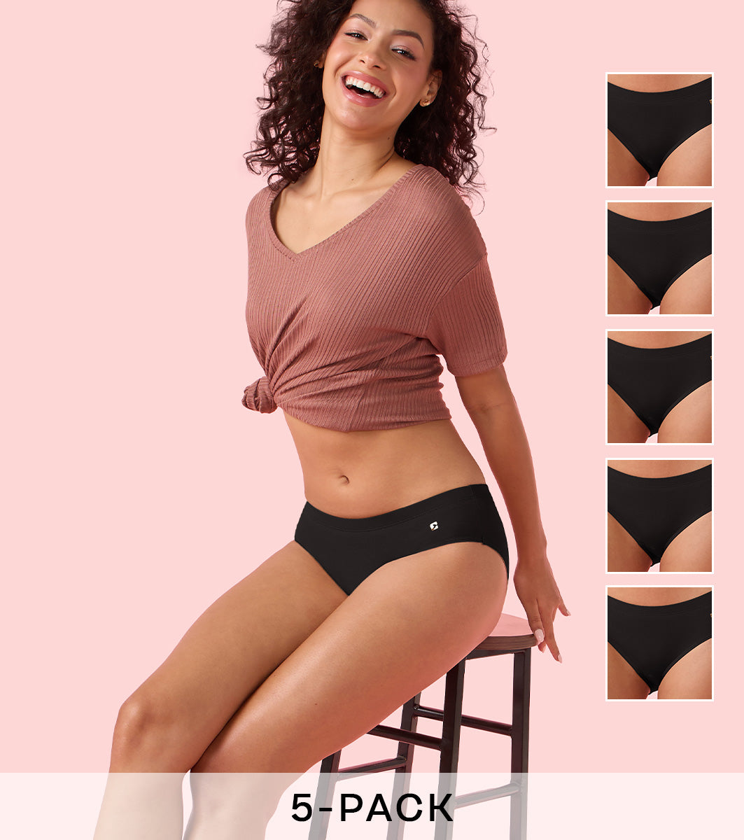 Enamor Chic Stretch Cotton, All Day Comfort, Mid Waist Hipster Panty for Women - Naturally Breathable, Antimicrobial with Stain release, Inner Elastic, Full Coverage - CR17 Pack of 5 (Jet Black)