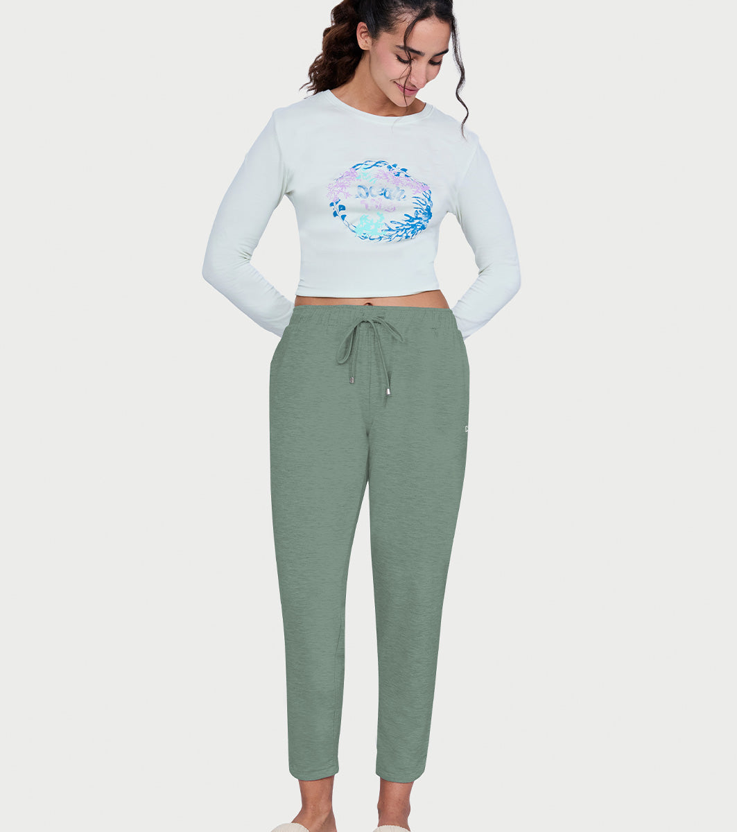 Enamor Mid Rise 7/8th length Drawstring Closure Shop In Pants for Women - Relaxed Fit, Soft & drapey 4-way stretch - E048 (Iceberg Green)