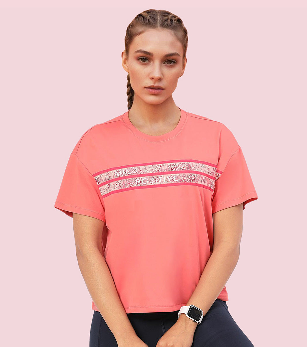 Enamor A311 Typographic Printed Drop Shoulder Sleeves Relaxed Fit Crop T-shirt - Coral Pink-Mind Positive