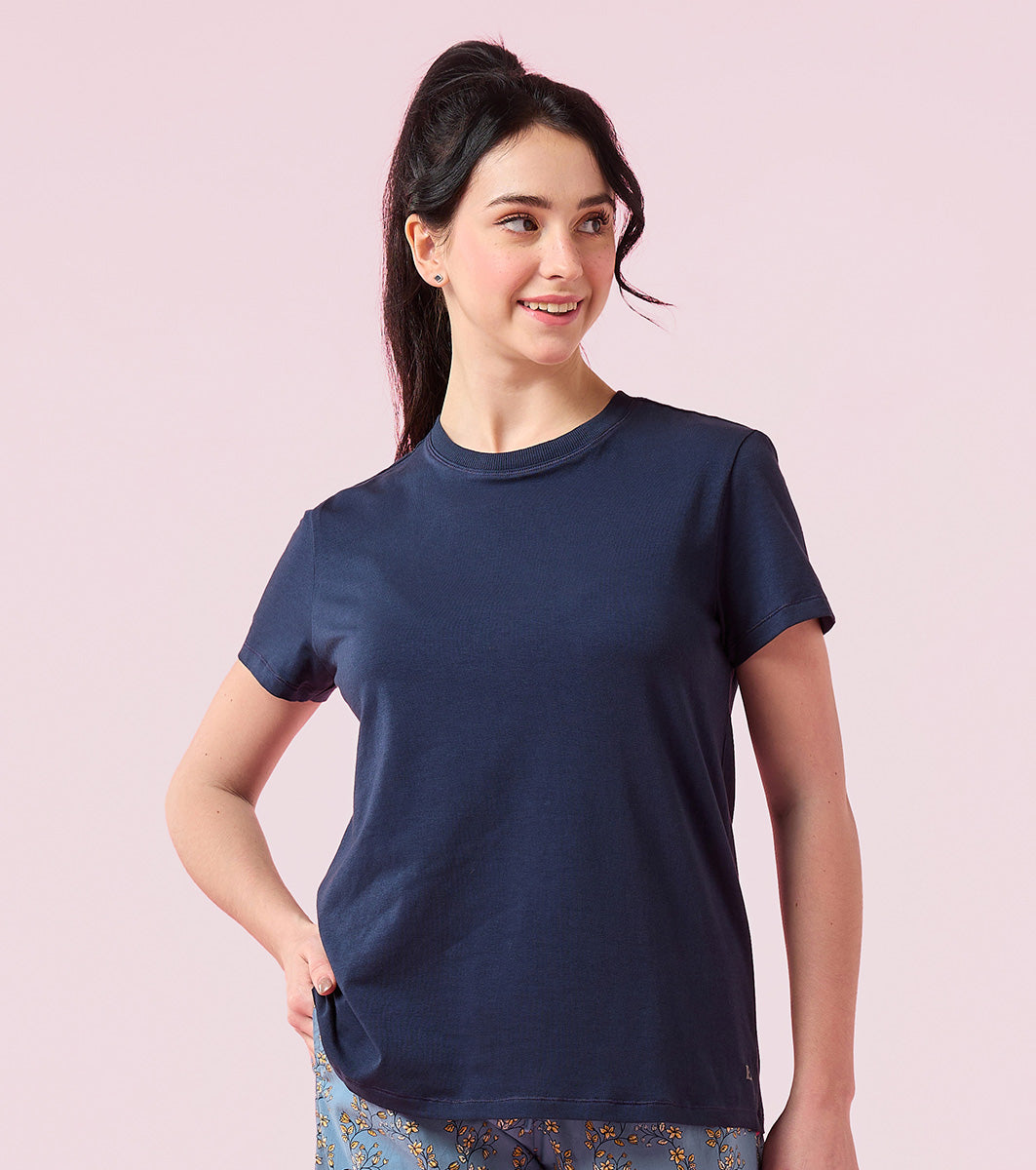Enamor E311 Women Relaxed Fit Crew Neck Basic Stretch Cotton T-Shirt - Navy