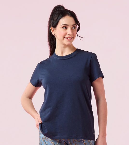 Enamor Pull on Short Sleeve Crew Neck Regular Length Cotton Comfort T-Shirt For Women - Relaxed Fit - E311 (Navy)