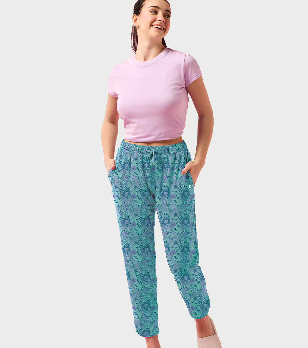 Enamor Mid Rise 7/8th length Drawstring Closure Shop In Pants for Women - Relaxed Fit, Soft & drapey 4-way stretch - E048 (Iceberg Green Sea Plants Print)