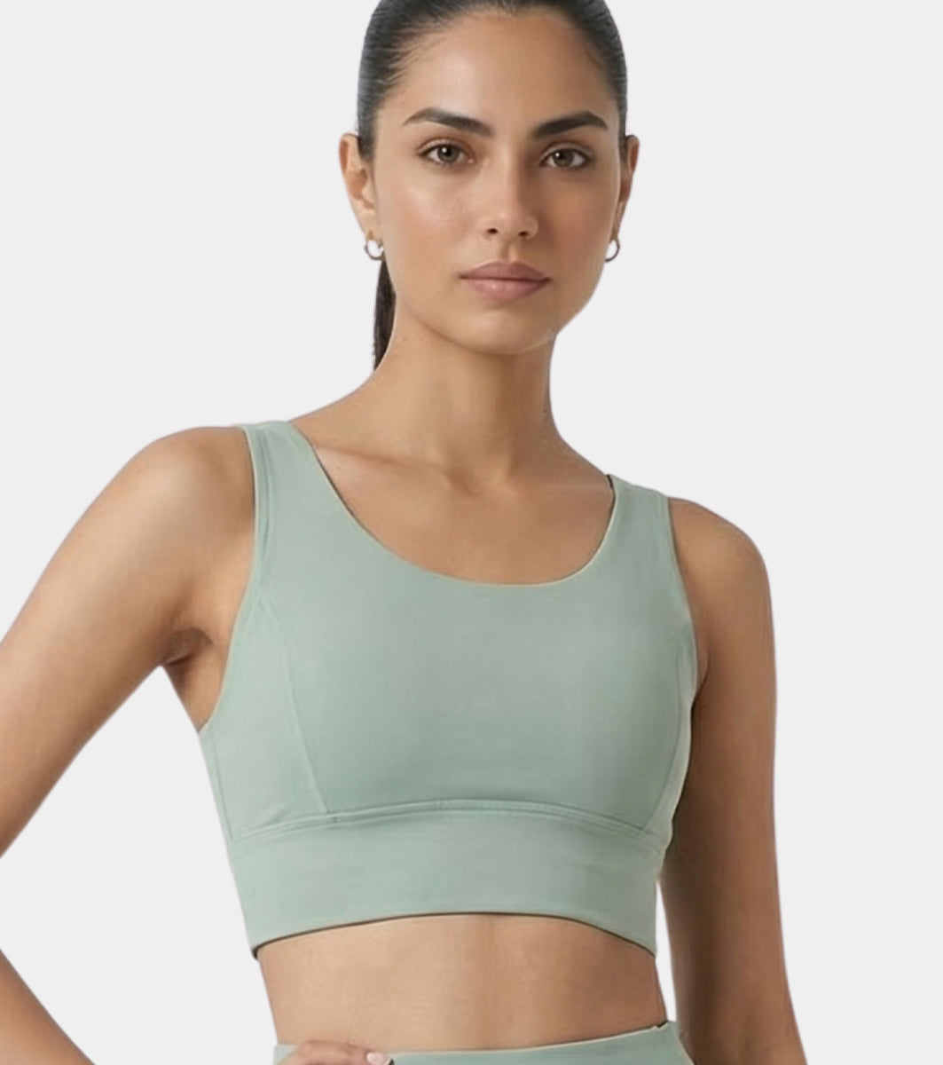 Enamor Sleeveless Crew Neck Crop length Pull On Sports Bra For Women - Hugged Fit, Cut Away Back Detail - A206 (Sage Green)