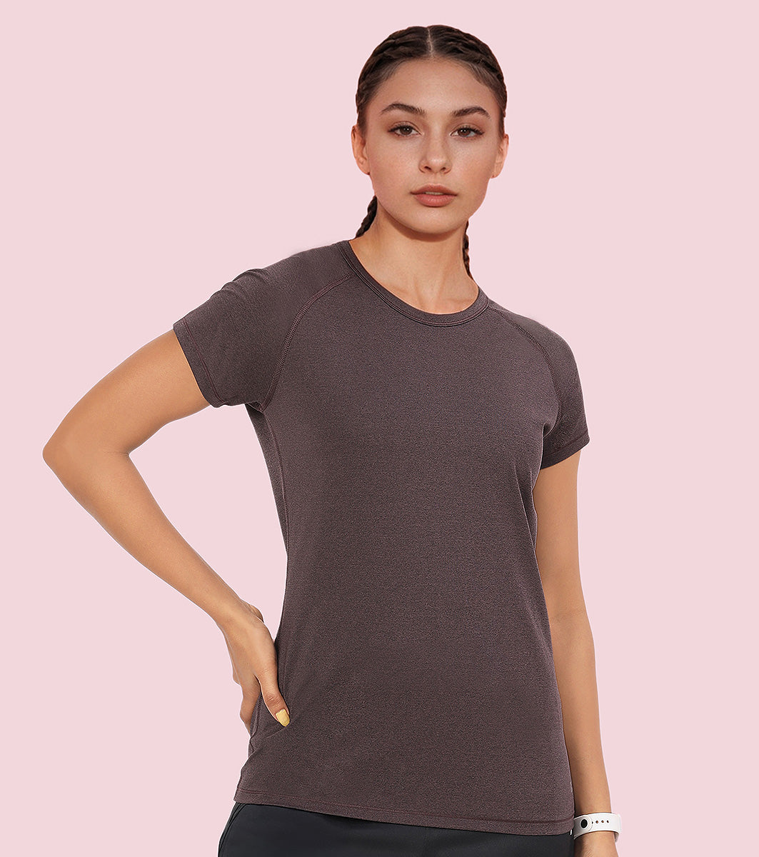 Enamor E089 Raglan Sleeve Scoop Neck Slim Fit Active T-Shirt With Reflective Graphic Print On Back - Chocofudge Mel