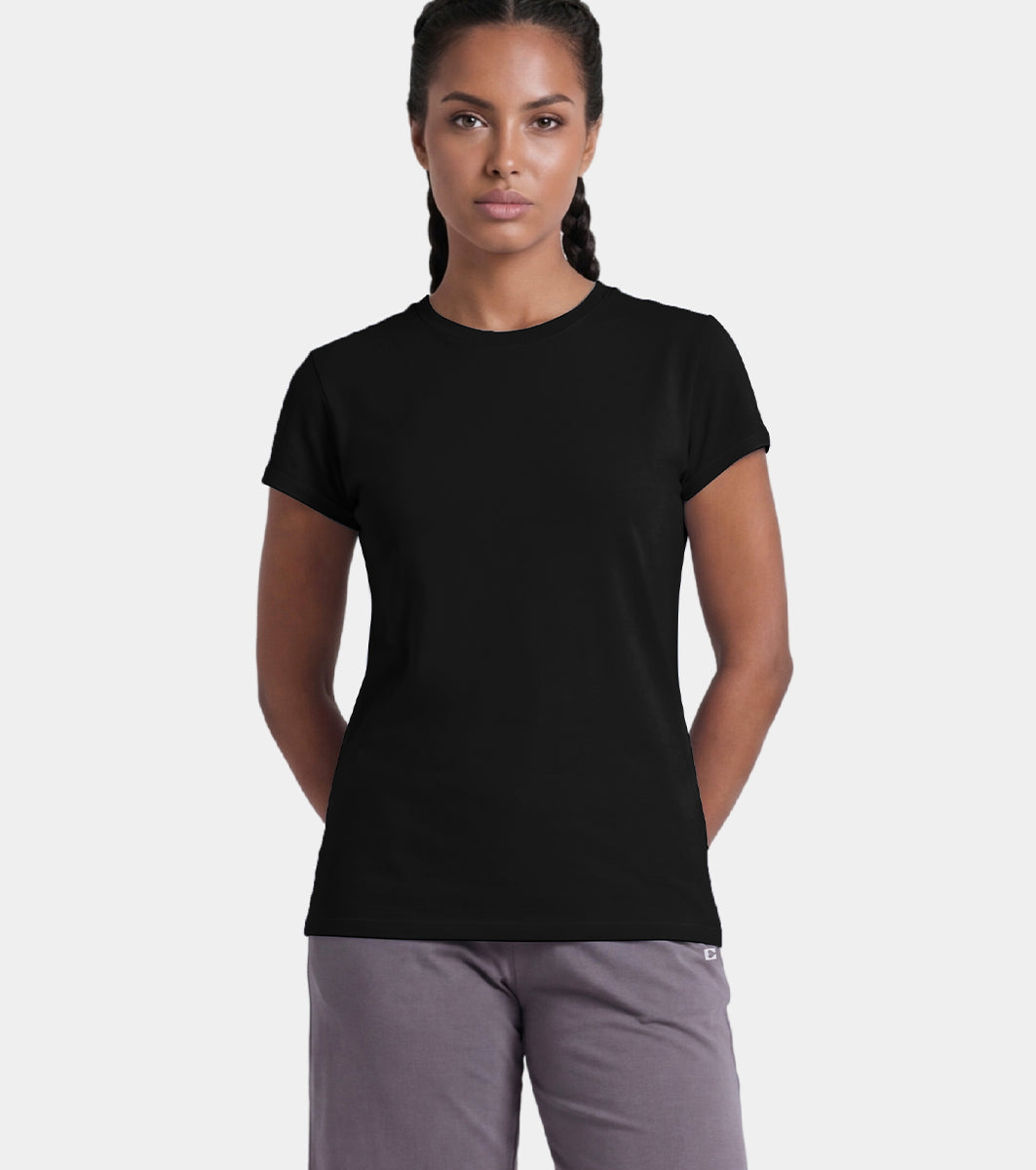 Enamor Short Sleeve Crew Neck Regular Length Basic Crew T-Shirt for Women - Slim Fit, Soft and Breathable Stretch Cotton - E047 (Jet Black)