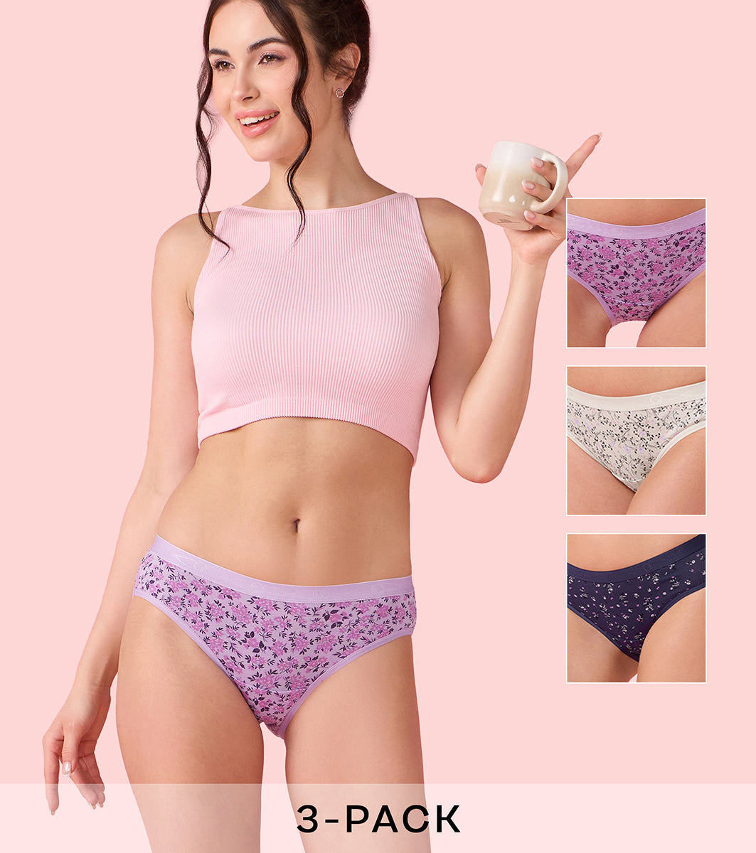 Enamor Chic Cotton, Naturally Breathable Cotton, All Day Comfort, Low Waist Brief Panty for Women -  Antimicrobial with Stain Release, Soft Outer jacquard Elastic, Regular Coverage - CB07 Pack of 3 (Multicolorprint)