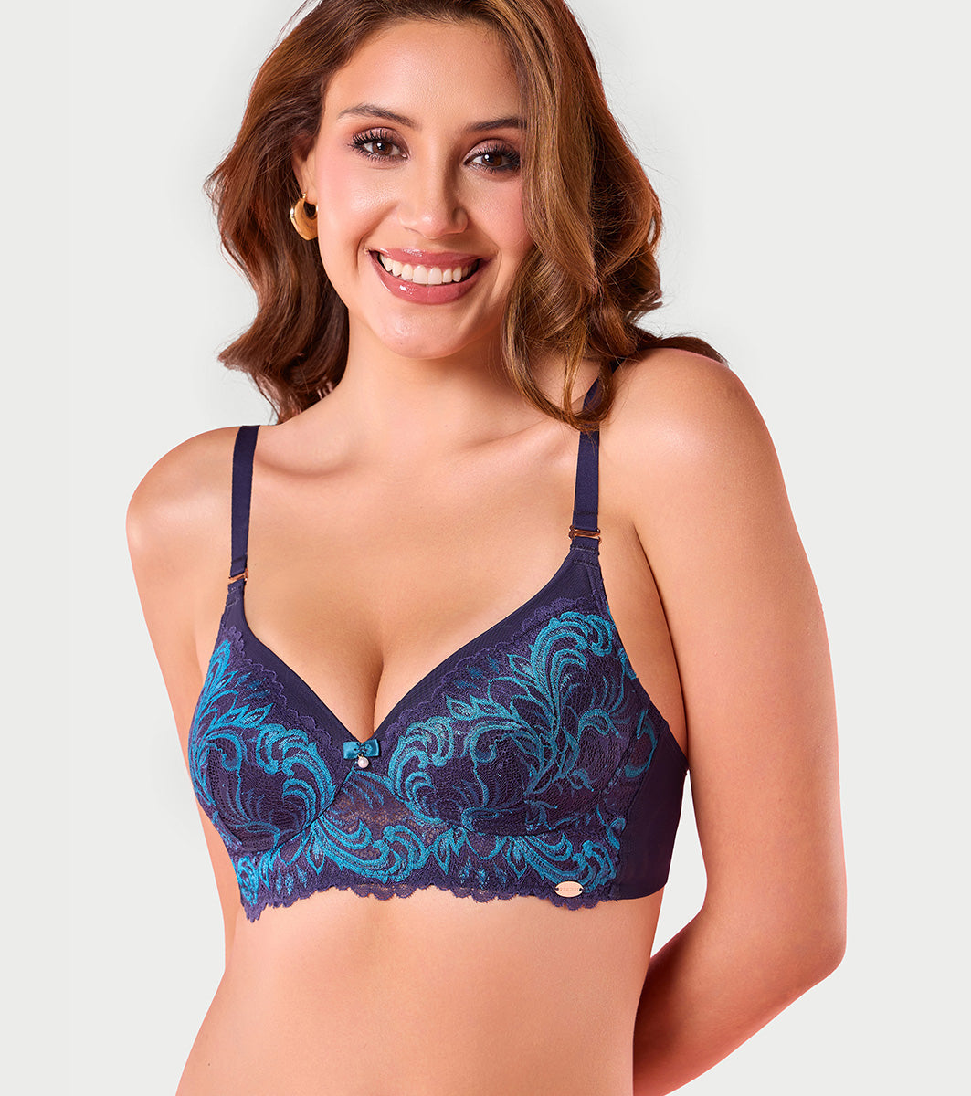 Enamor F193 Padded Wire-Free Medium Coverage Glam Scroll Plunge Bra - Aqua Swill