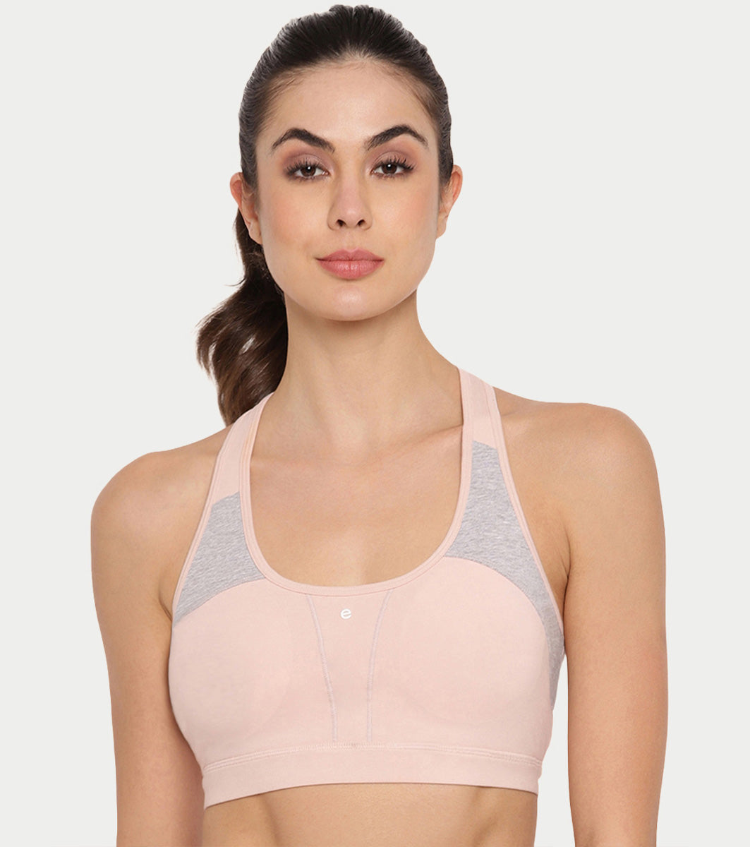 Enamor Medium Impact, Side Panel Shaping, Racer Back Women's Cotton Sports Bra - Padding with Removable Cups, Wirefree, High Coverage - SB08 (Pearl)