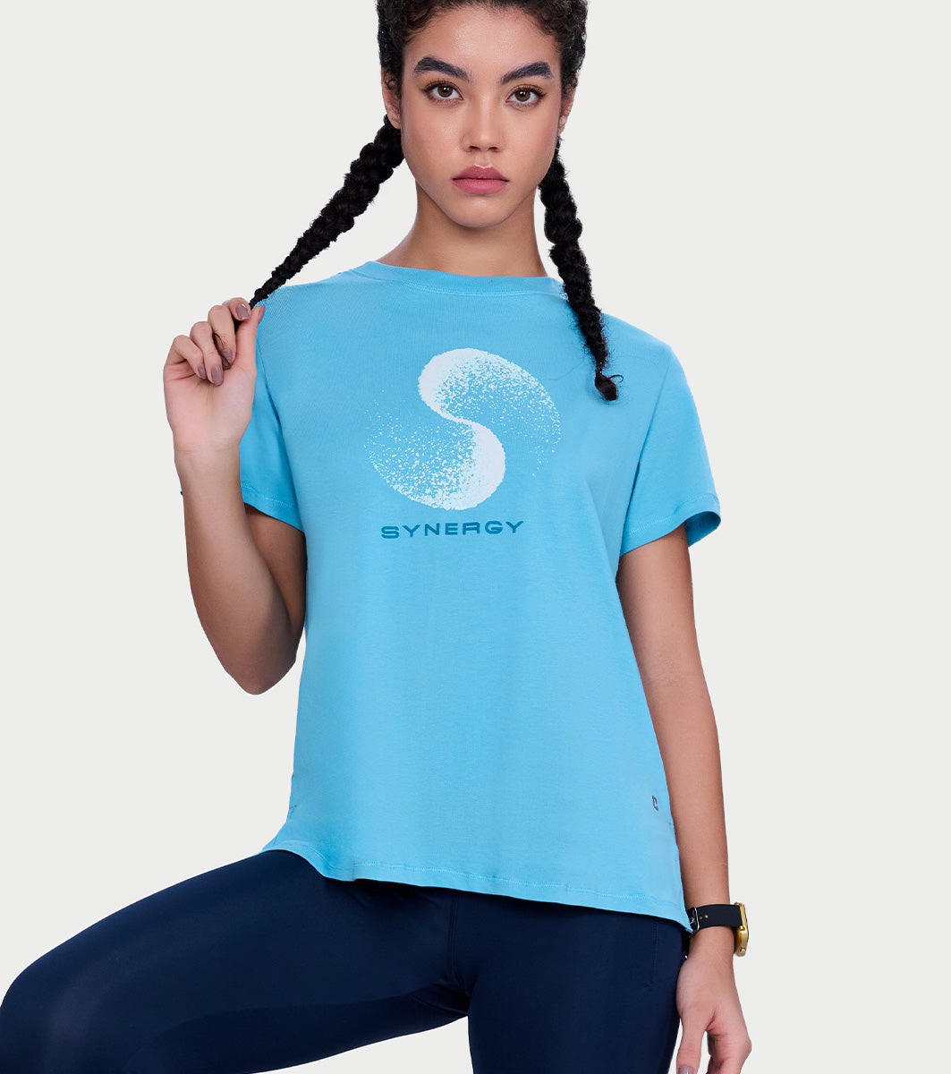 Enamor Short Sleeve Crew Neck Regular Length Cotton Active T-Shirt for Women - Relaxed Fit, Super Soft, Anti-Odour - A301 (Retro Blue Synergy Graphic)