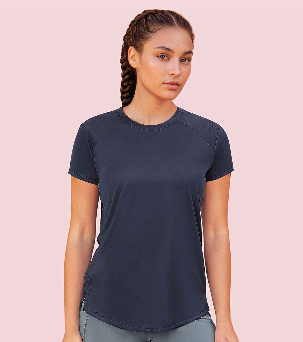 Enamor A313 Women Active Panel Quick Dry Relaxed Fit, Regular Length Workout T-Shirt - Navy