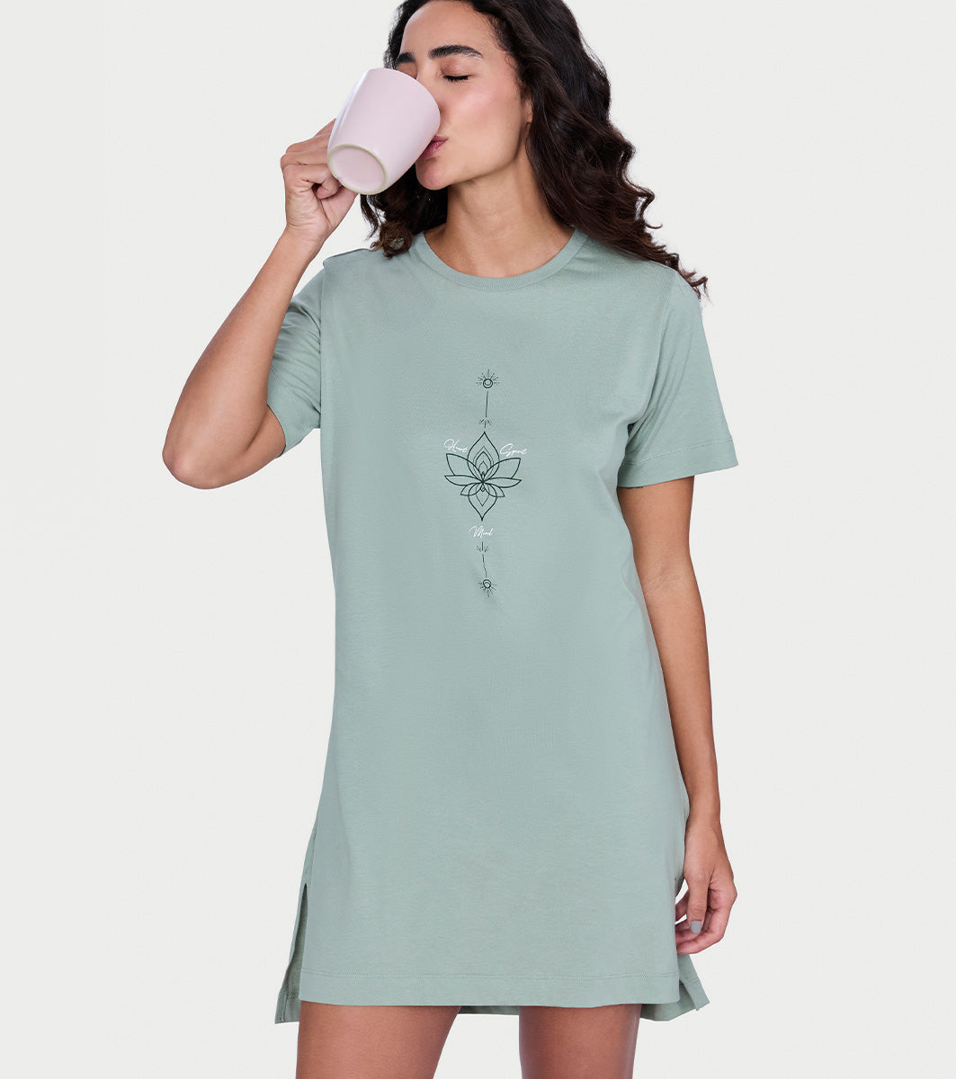 Enamor Short Sleeve Crew Neck Mid Thigh Length Tunic T-Shirt For Women - Relaxed Fit, Soft and Breathable Cotton - E061 (Iceberg Green Fearlessly Antheatic)
