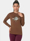 Enamor Full Sleeve Crew Neck Regular Length Pull On Basic Crew T-Shirt For Women - Typographic Print, Soft and Breathable Stretch Cotton - E157 (Emperador)