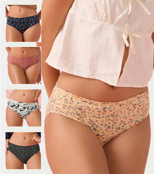 Enamor CH03 | Pack of 5 | Chic Cotton, All Day Comfort, Mid Waist Hipster Panty for Women - Naturally Breathable, Antimicrobial with Stain release, Inner Elastic, Full Coverage (Multicolorprint)