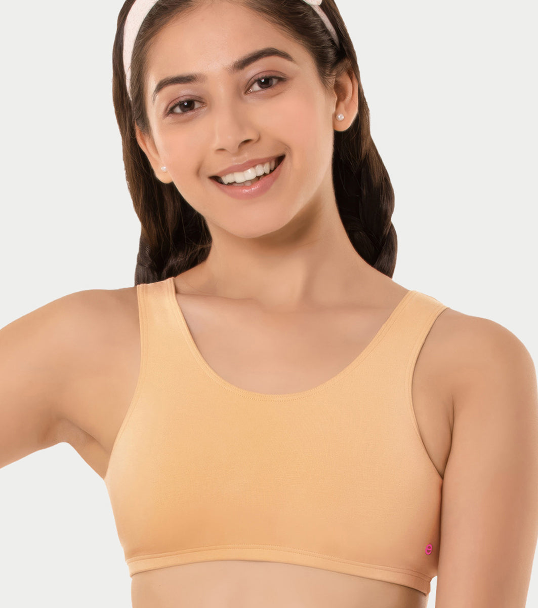 Enamor Innovations  Easy Fit, Antimicrobial, Front Double Layer ,Women's Cotton Beginner's Bra - Pop-On Style, Non Padded, Wirefree, High Coverage  - BB01 (Skin)