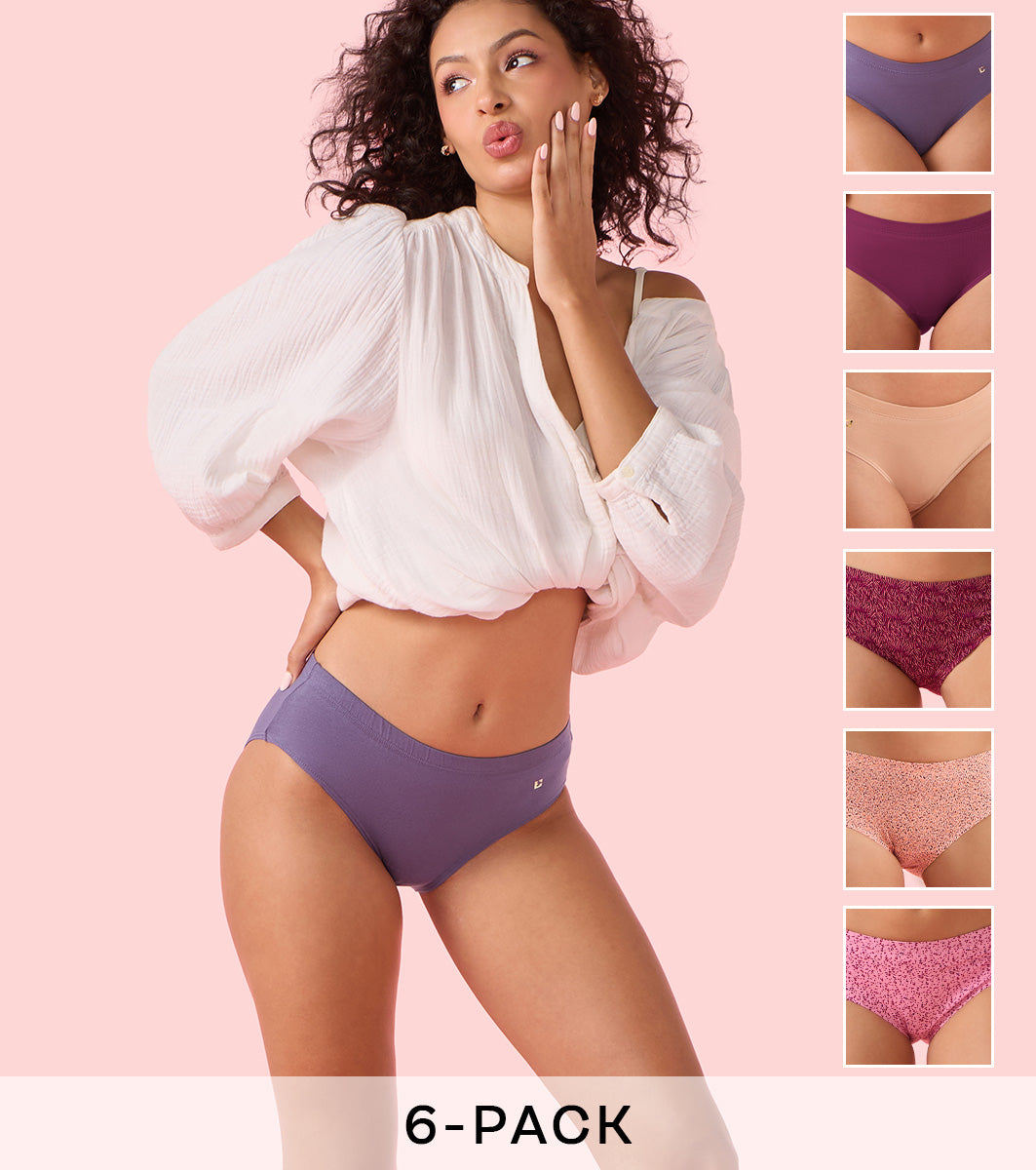 Enamor Chic Stretch Cotton, All Day Comfort, Mid Waist Hipster Panty for Women - Naturally Breathable, Antimicrobial with Stain release, Inner Elastic, Full Coverage - CR17 Pack of 6 (Multicolors)