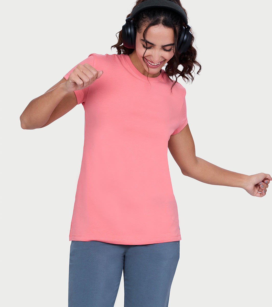 Enamor Short Sleeve Crew Neck Regular Length Basic Crew T-Shirt for Women - Slim Fit, Soft and Breathable Stretch Cotton - E047 (Peach Blossom)