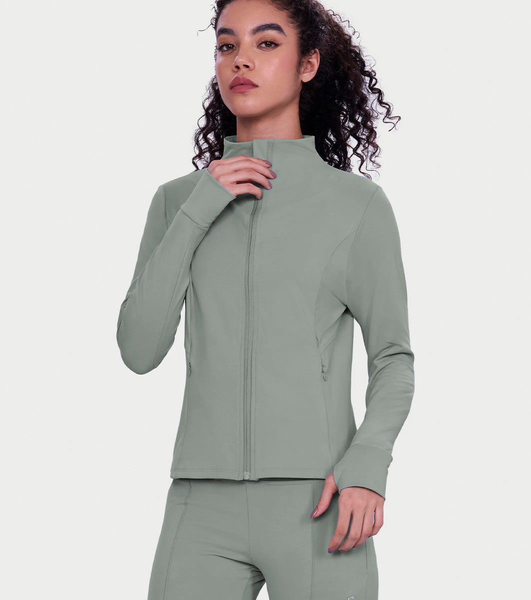 Enamor Sculpt Jacket – Slim-fit, quick-dry with high collar & stylish zipper details -A907 (Sage Green)