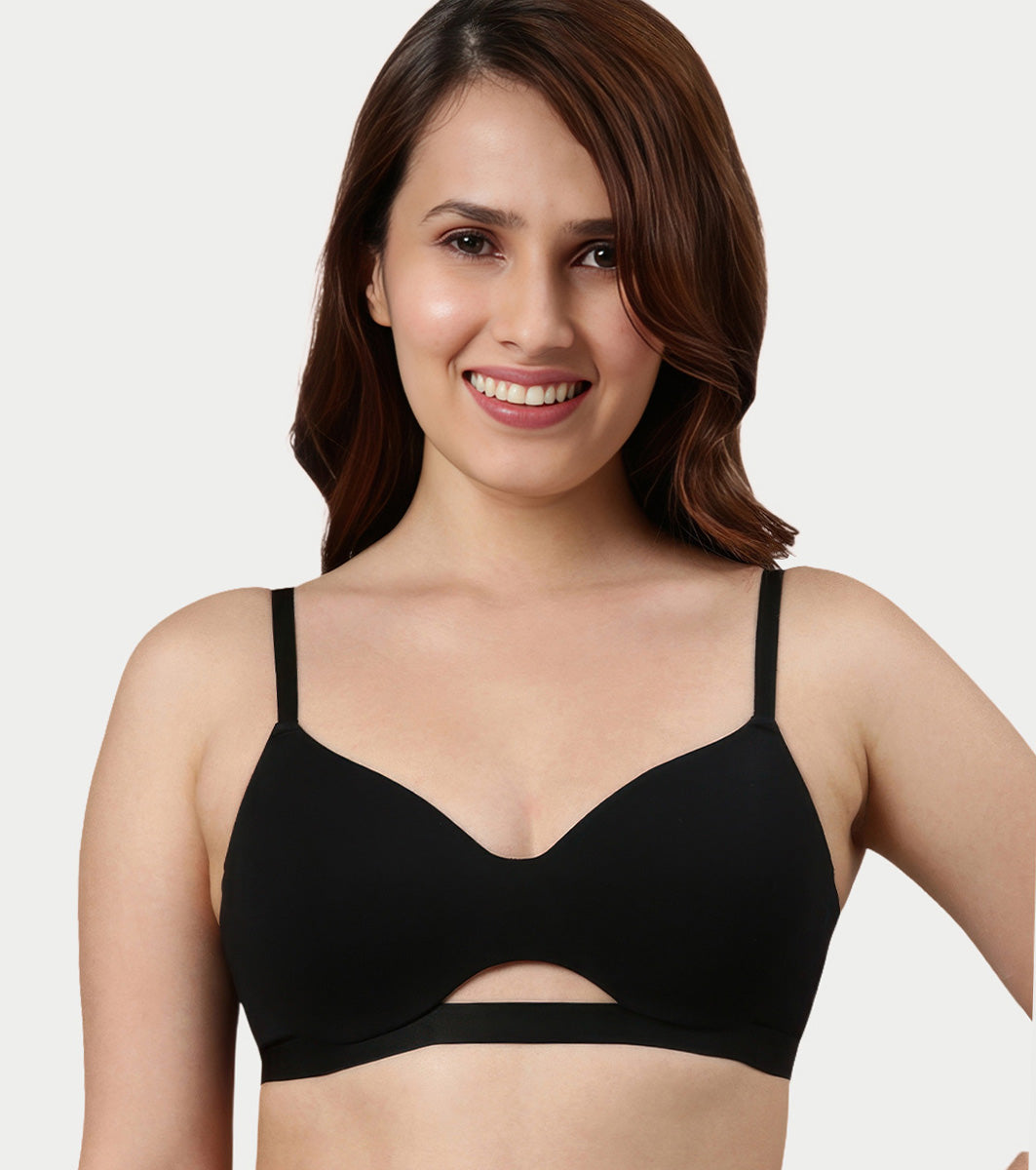 Enamor Innovations CloudSoft, Invisi Neckline Women's Cotton Everyday T-Shirt Bra - Padded, Wirefree, Medium Coverage - A032 (Black)