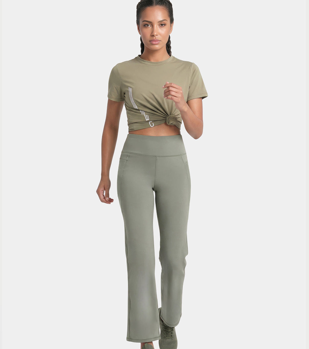 Enamor High Rise Full Length Pull on Boot Cut Active Pant For Women - Relaxed Fit, Quick Dry, Antimicrobial - A402 (Deep Lichen Green)