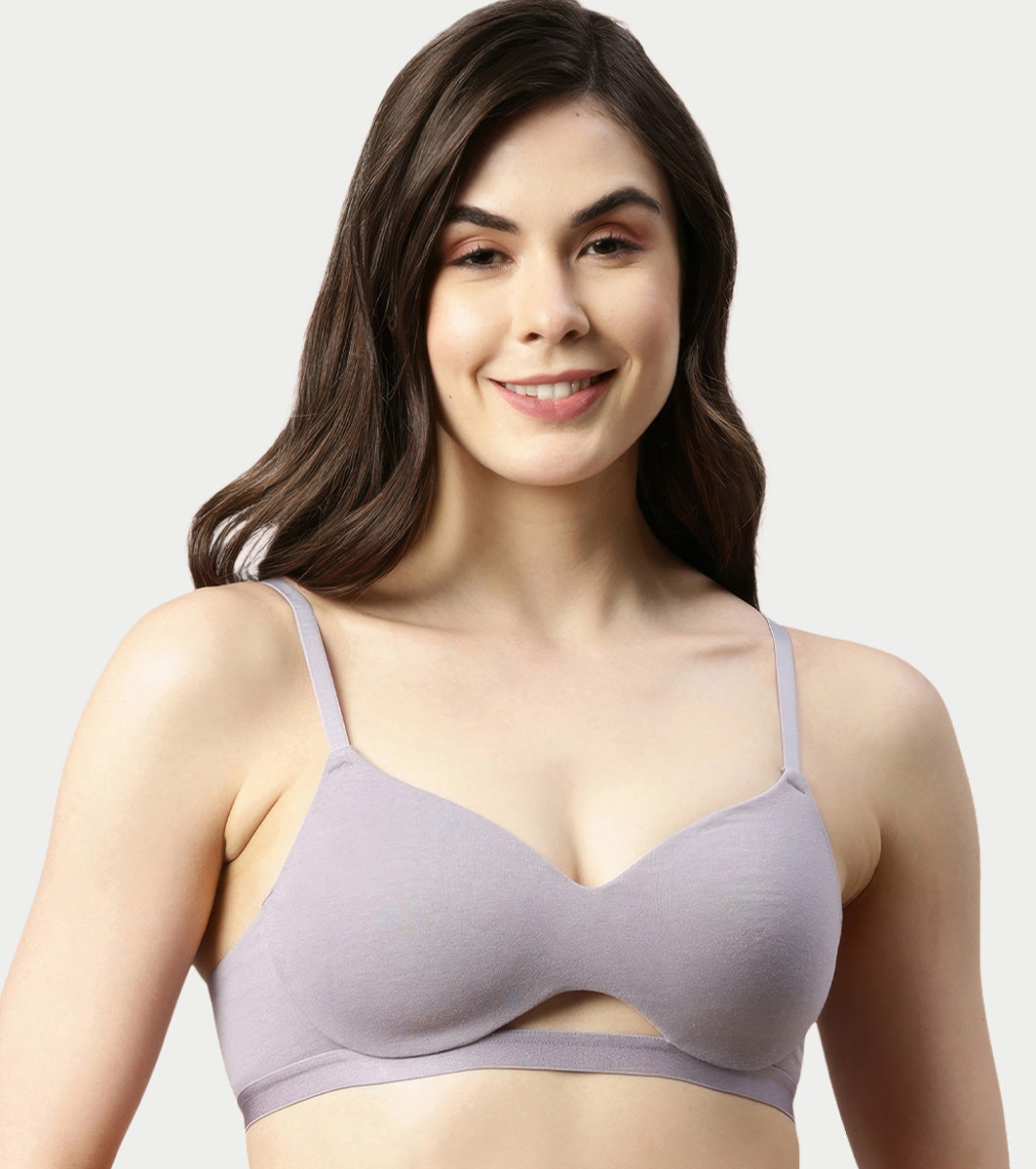 Enamor Innovations CloudSoft, Invisi Neckline Women's Cotton Everyday T-Shirt Bra - Padded, Wirefree, Medium Coverage - A032 (Silver Lilac)