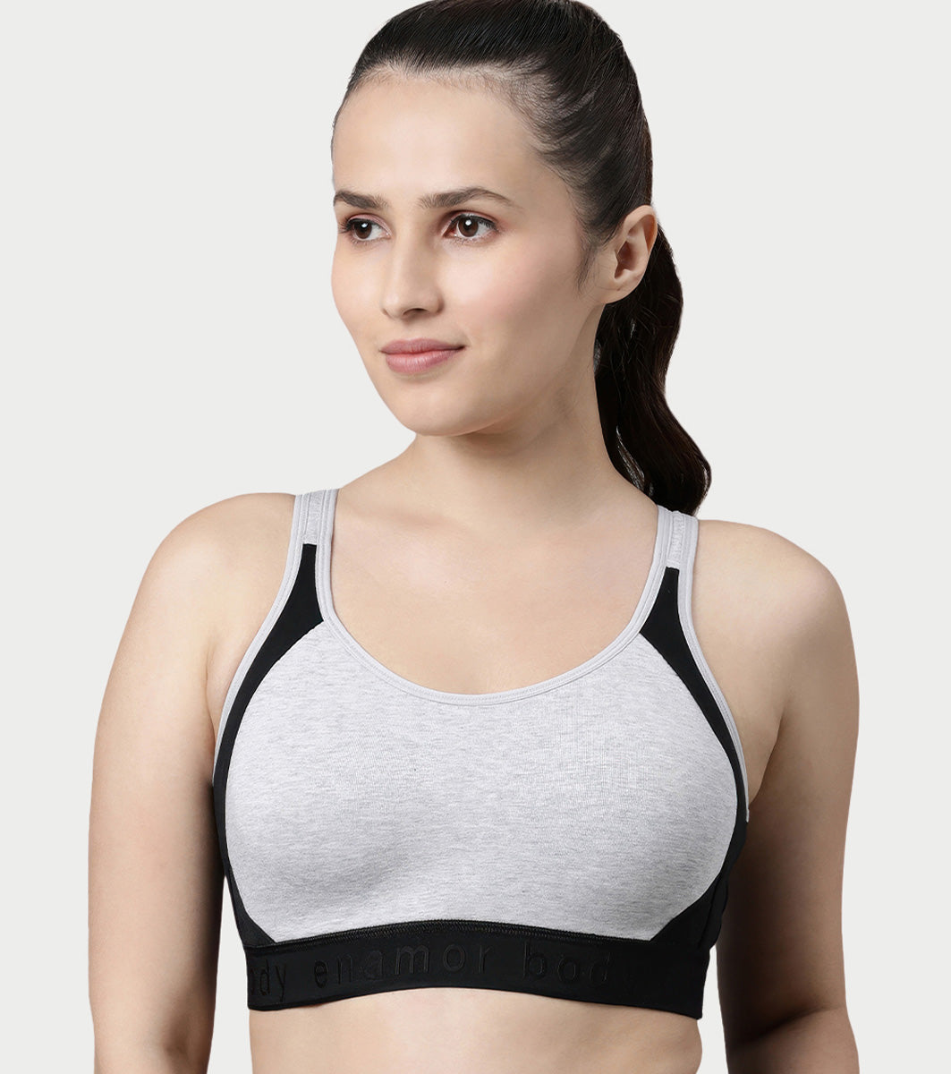 Enamor Innovations Antimicrobial, Side Shaper, Women's Cotton Medium Impact Sports Bra -  Fixed cup, Padded, Wirefree, High Coverage - SB28 (Grey Melange)