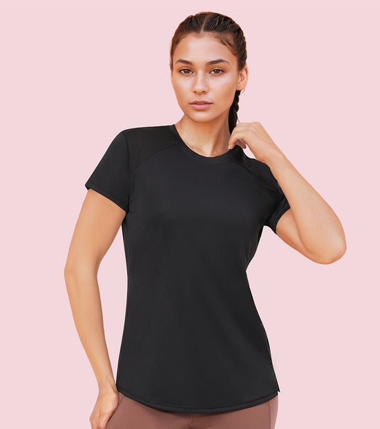 Enamor Pull on Short Sleeve Dry Fit Crew Neck Regular Length Panel T-Shirt For Women - Relaxed Fit - A313 (Jet Black)