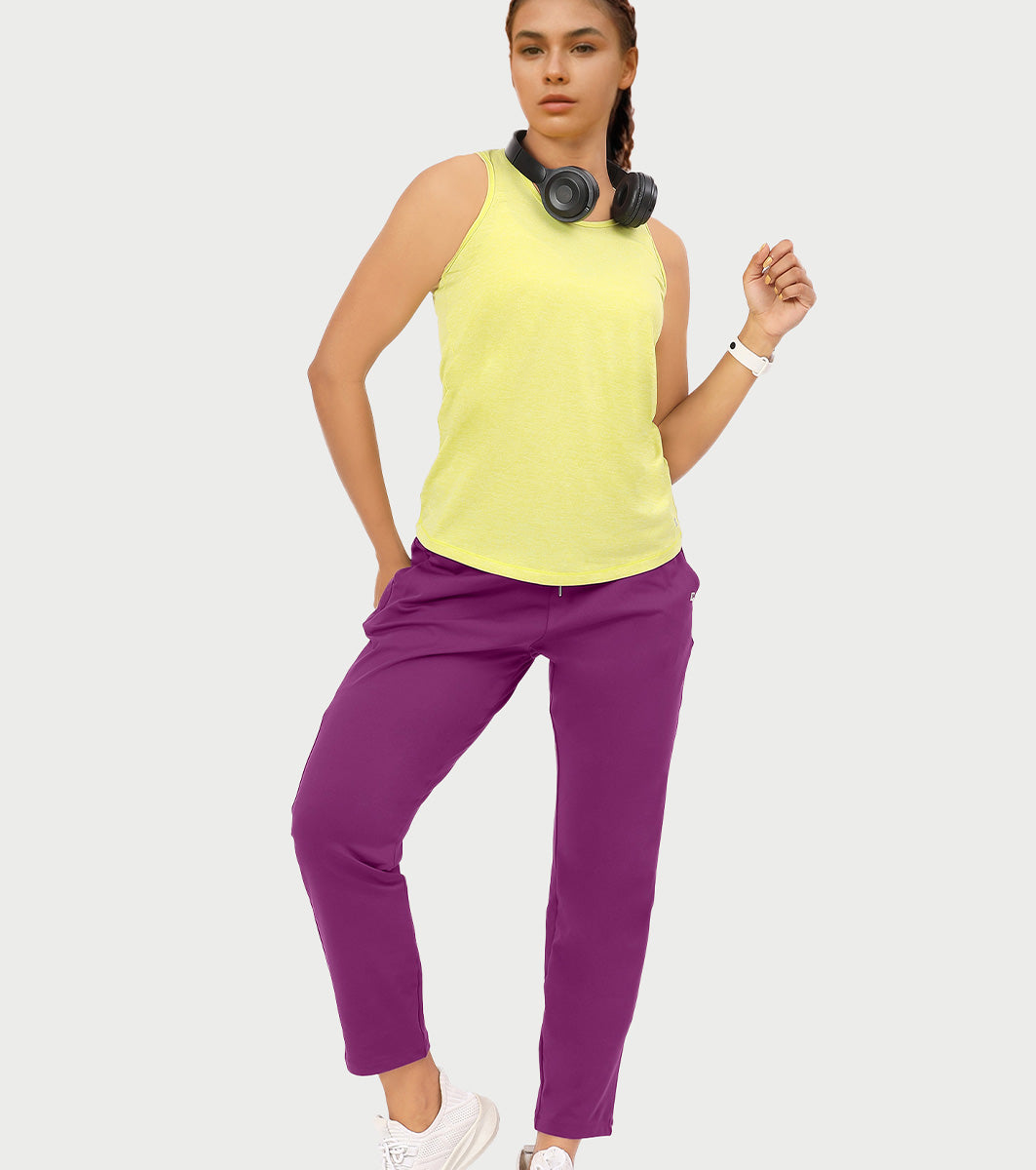 Enamor Mid Rise 7/8th length Drawstring Closure Travel Pants For Women - Relaxed Fit, Quick Dry, Antimicrobial - E068 (Damson)