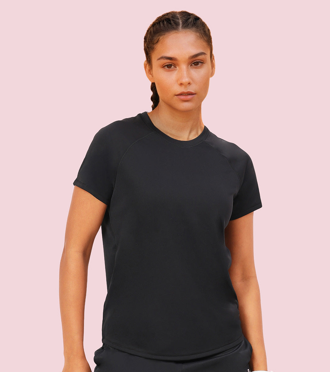 Enamor A314 Women Kool Poly Quick Dry  Relaxed Fit, Hip Length Workout Raglan T-Shirt, - Jet Black