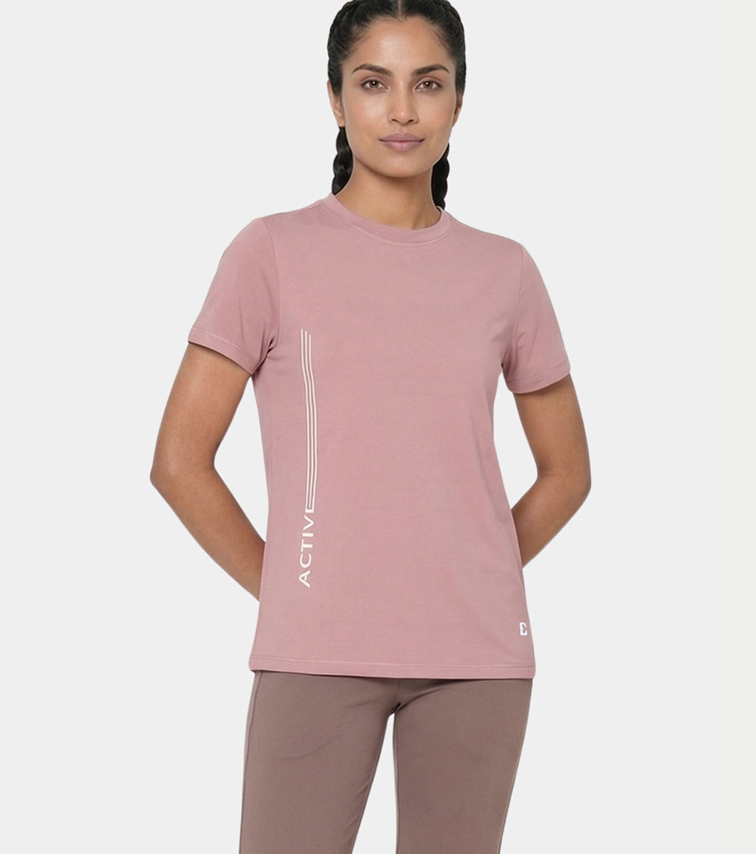 Enamor Short Sleeve Crew Neck Regular Length Basic Dry Fit Workout Crew T-Shirt for Women - Relaxed Fit, Quick Dry, Antimicrobial - A309 (Twilight Mauve Active Reflective Graphic)