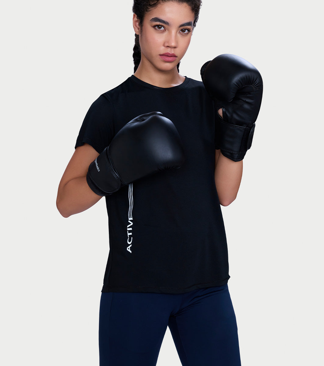 Enamor Short Sleeve Crew Neck Regular Length Basic Dry Fit Workout Crew T-Shirt for Women - Relaxed Fit, Quick Dry, Antimicrobial - A309 (Jet Black)