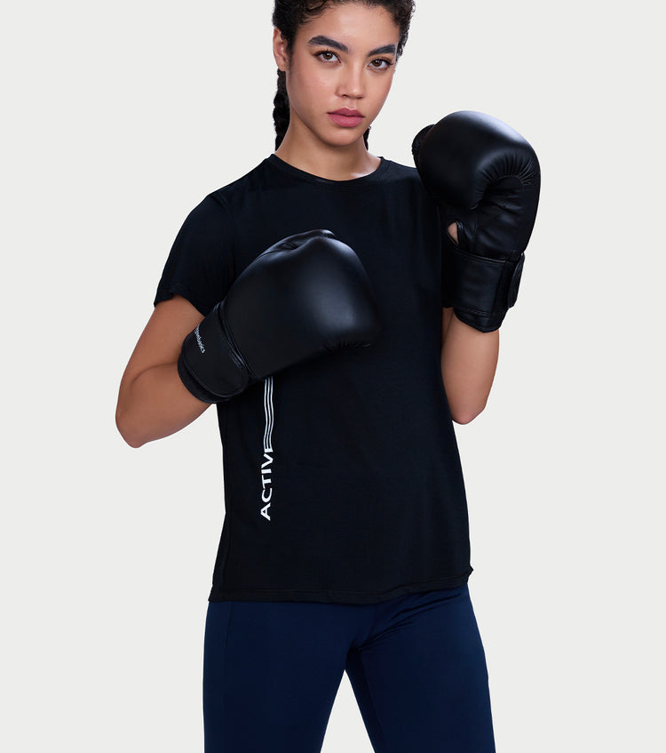 Enamor Short Sleeve Crew Neck Regular Length Basic Dry Fit Workout Crew T-Shirt for Women - Relaxed Fit, Quick Dry, Antimicrobial - A309 (Jet Black)