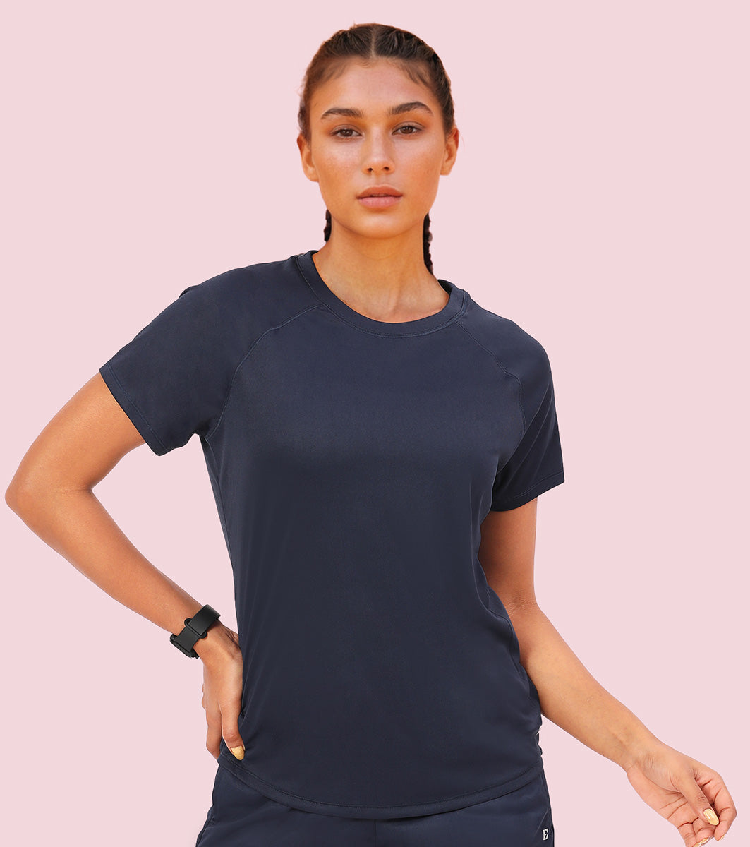 Enamor A314 Women Kool Poly Quick Dry  Relaxed Fit, Hip Length Workout Raglan T-Shirt, - Navy