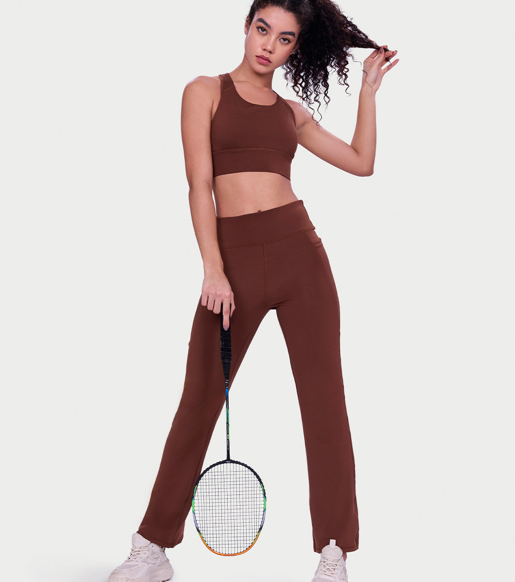 Enamor High Rise Full Length Pull on  Boot Cut Active Pant For Women - Relaxed Fit, Quick Dry, Antimicrobial - A402 (Sepia)