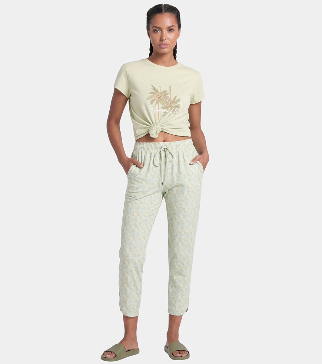 Enamor Mid Rise 7/8th length Drawstring Closure Shop In Pants for Women - Relaxed Fit, Soft & drapey 4-way stretch - E048 (Green Leaf Print)