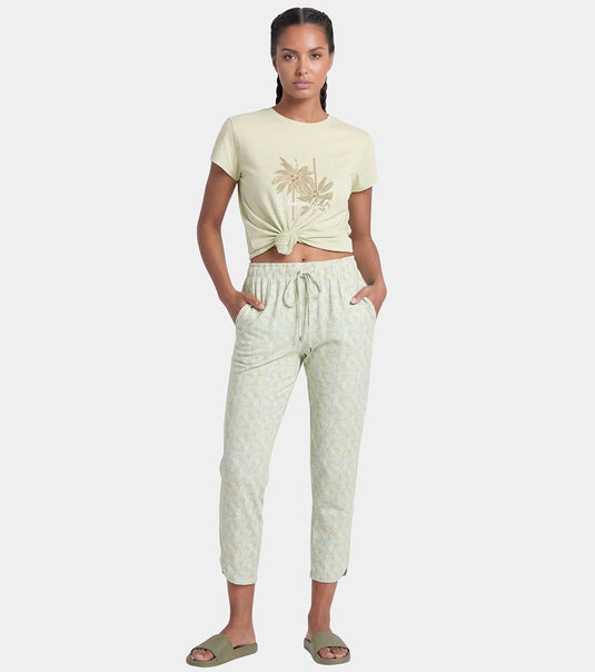 Enamor Mid Rise 7/8th length Drawstring Closure Shop In Pants for Women - Relaxed Fit, Soft & drapey 4-way stretch - E048 (Green Leaf Print)