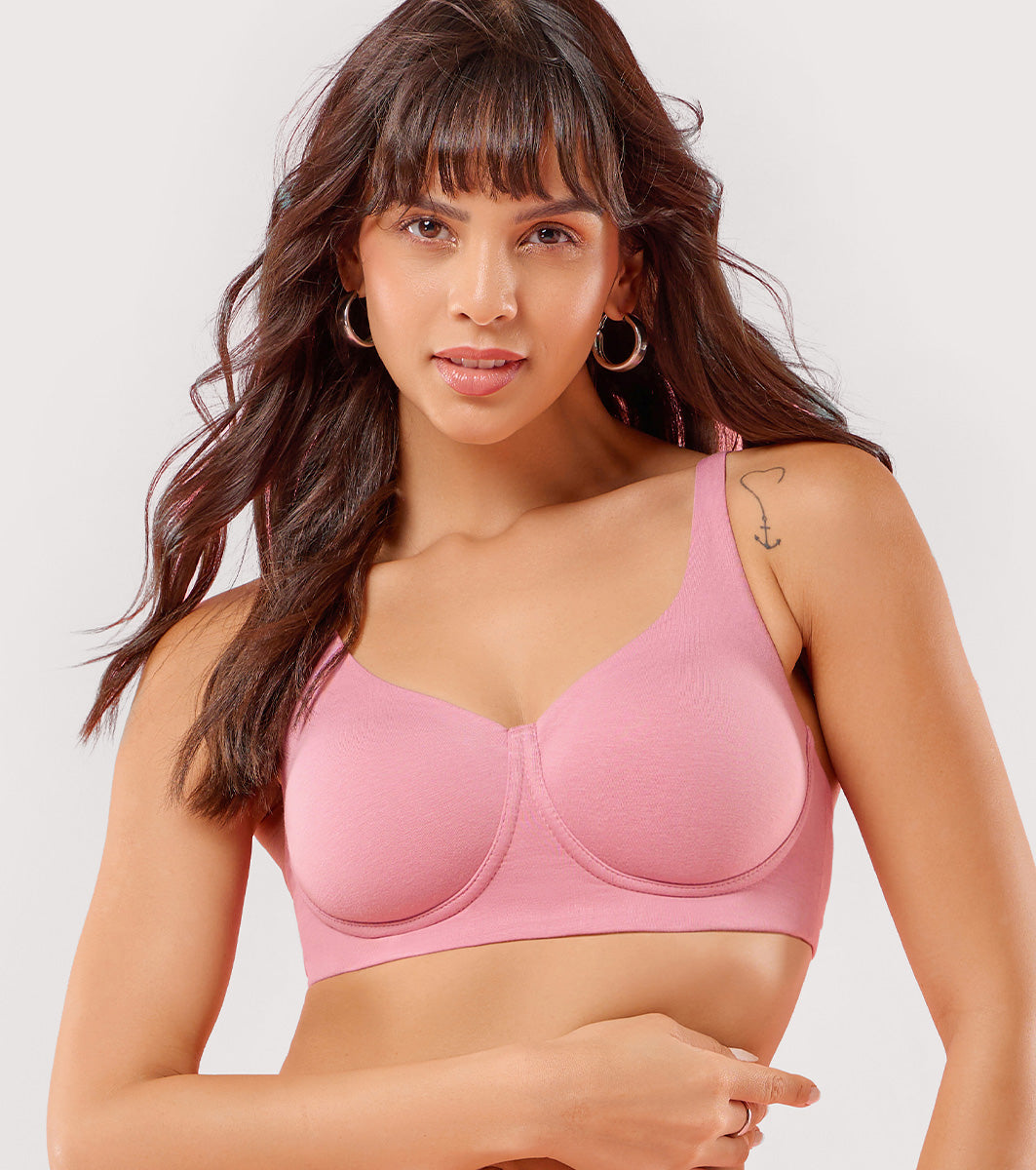 Enamor Innovations Bamboo Bliss, Plunge, Super Soft, Women's everyday T-Shirt Bra - Naturally Absorbent & Antimicrobial, Padded, Wirefree, High Coverage- IO05 (Rose Blush)