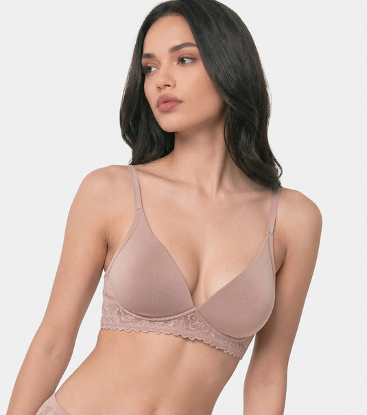Enamor Soft Girl Lace Plunge Bra for Women Padded, Wire-Free, Plunge Neckline, Lace Everyday Bra - SMB06 (Cafe Latte)