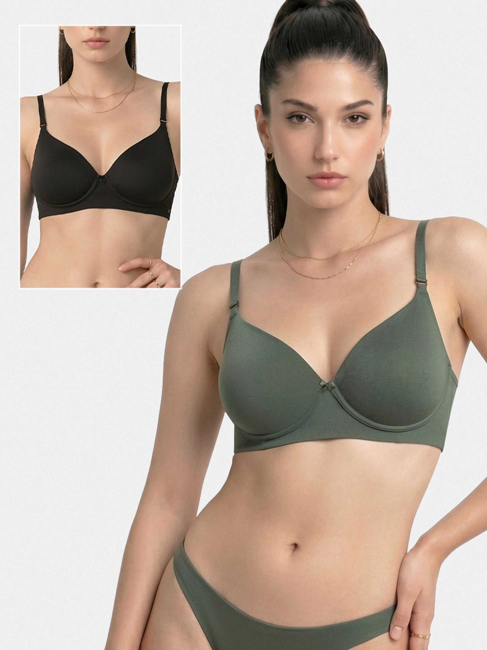 Enamor | Pack of 2 | 4X Soft Modal Cotton T-Shirt Bra – A239, Wirefree Comfort, No-Show Neckline, Soft Foam Cups (Thyme/Black)