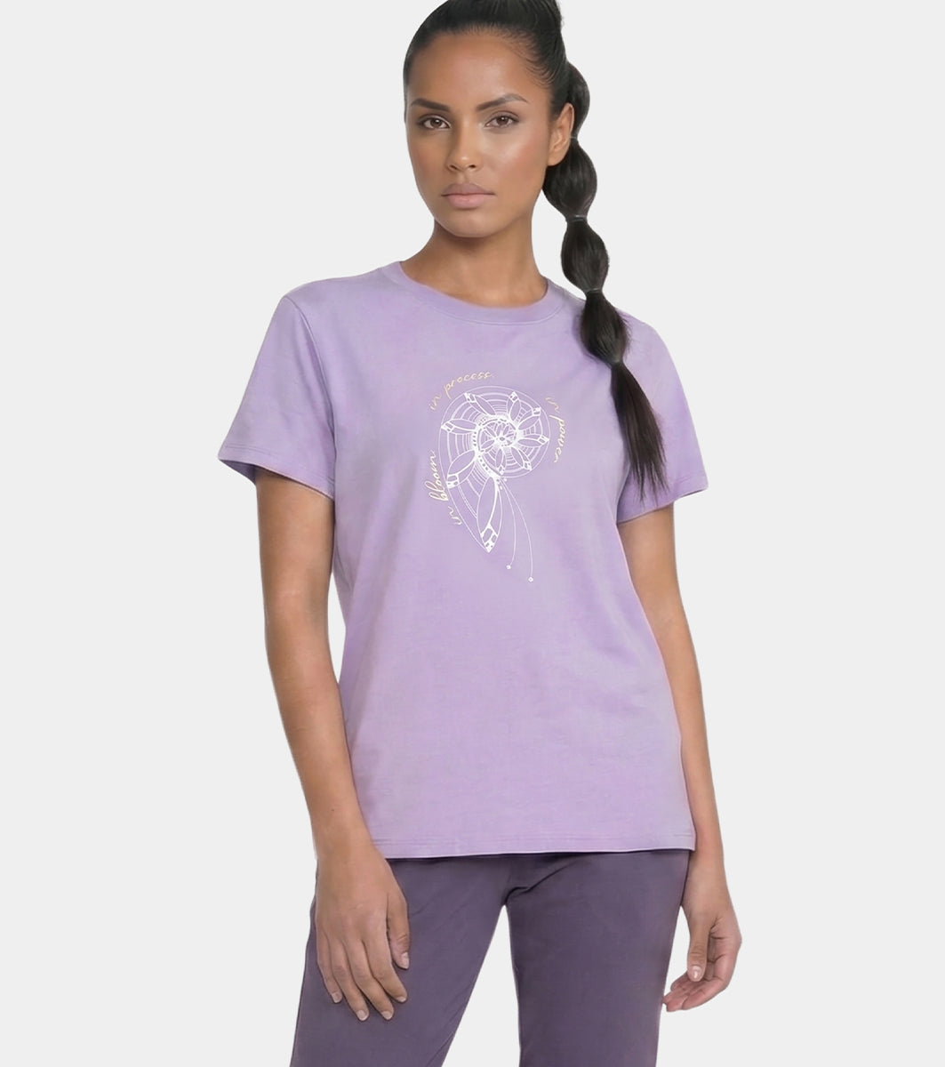 Enamor Short Sleeve Crew Neck Regular Length Cotton Active T-Shirt for Women - Relaxed Fit, Super Soft, Anti-Odour - A301 (Purple Haze/Fibonacci Spiral Graphic)